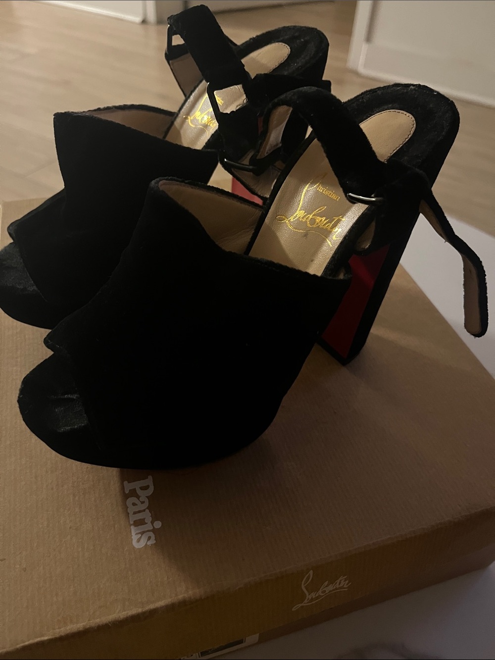 Christian Louboutin Black Suede Open-Toe Block Heel Sandals